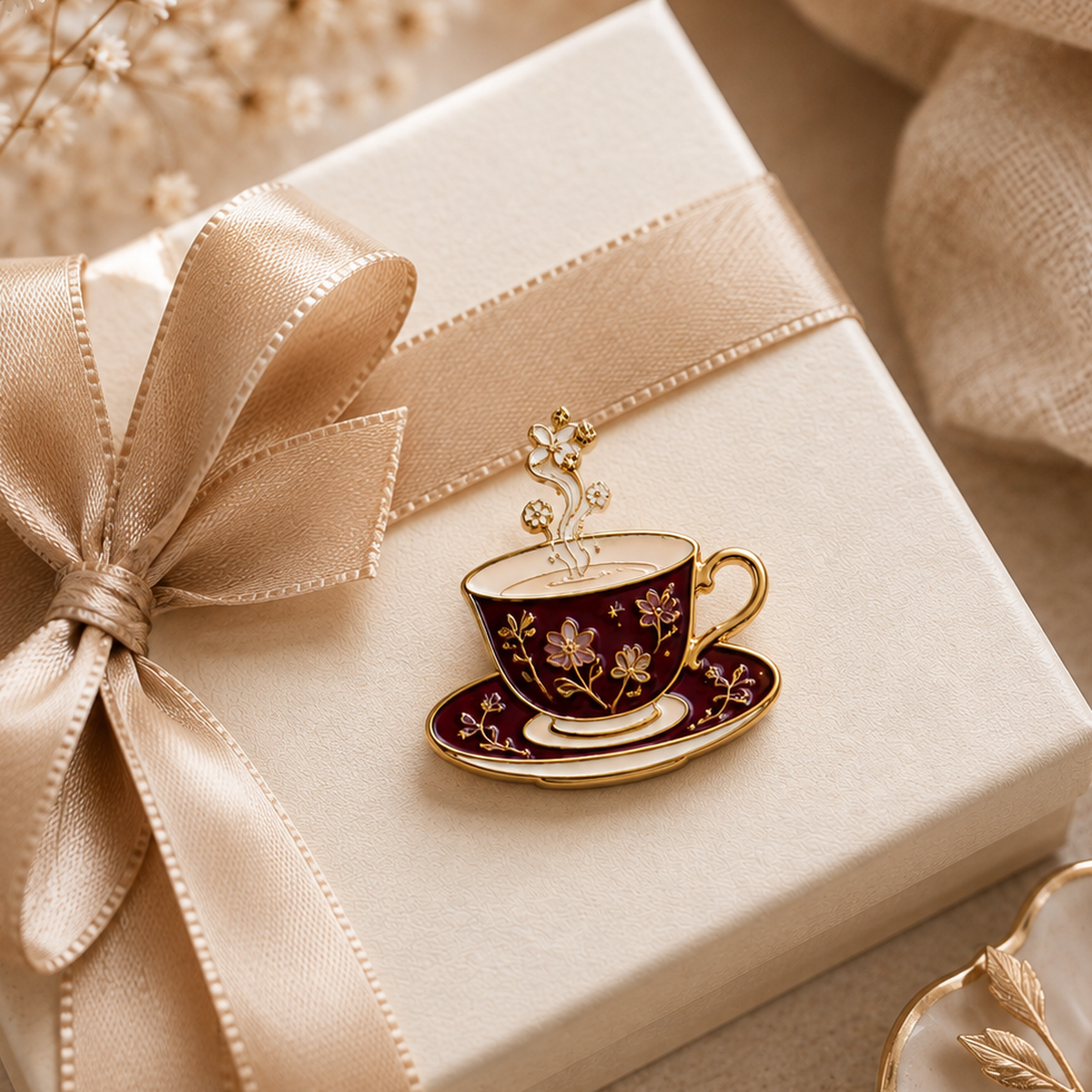 Burgundy and gold teacup enamel pin on an elegant cream gift box