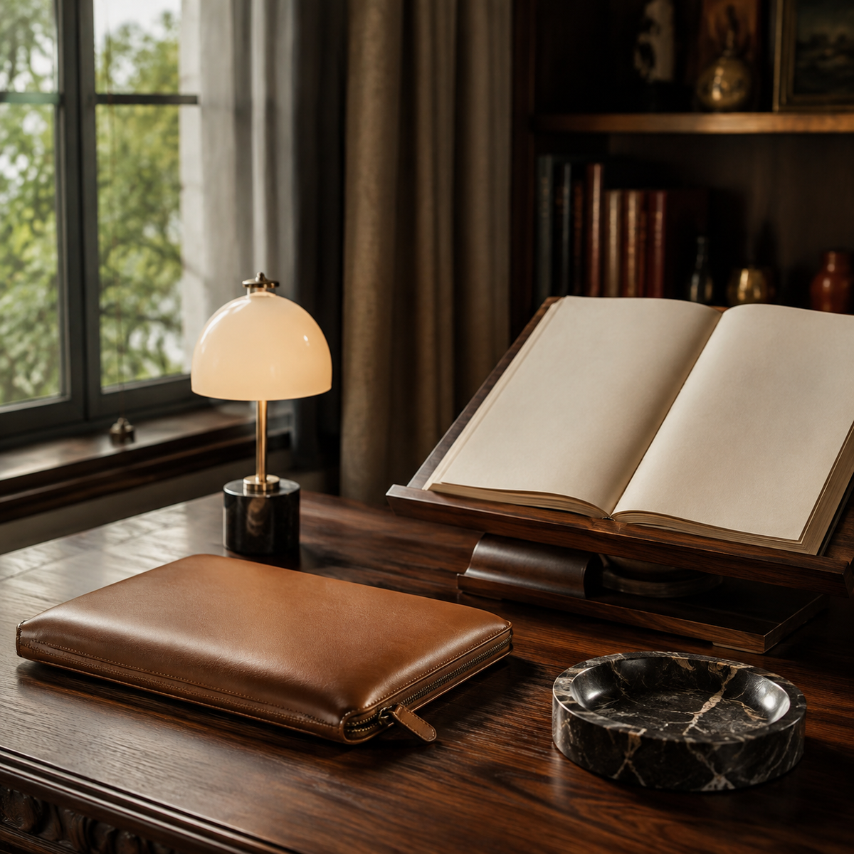 A refined walnut writing desk with leather portfolio, reading stand, lamp and onyx catchall