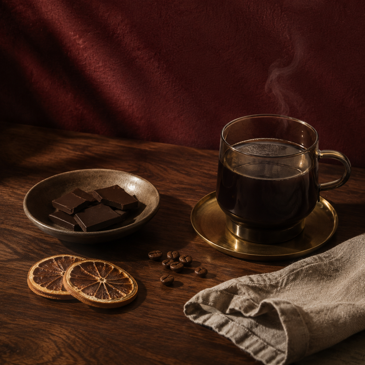 Dark editorial still life of coffee, chocolate, glassware and brass serving pieces