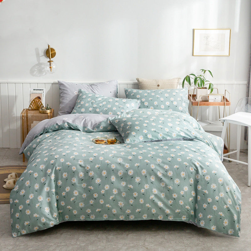 Cotton 4-Piece Bedding Set – Floral Plant Print Bed Linen Set with Duvet Cover