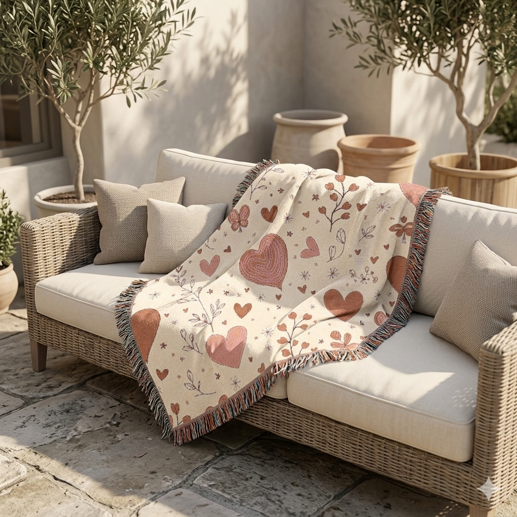 Heart Pattern Woven Blanket — Boho Floral Throw for Cozy Living & Valentine Gifts