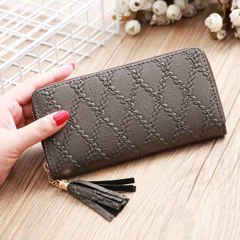 Women's Leather Clutch Wallet – Stylish Tassel Zip Purse with Card Holder Slots
