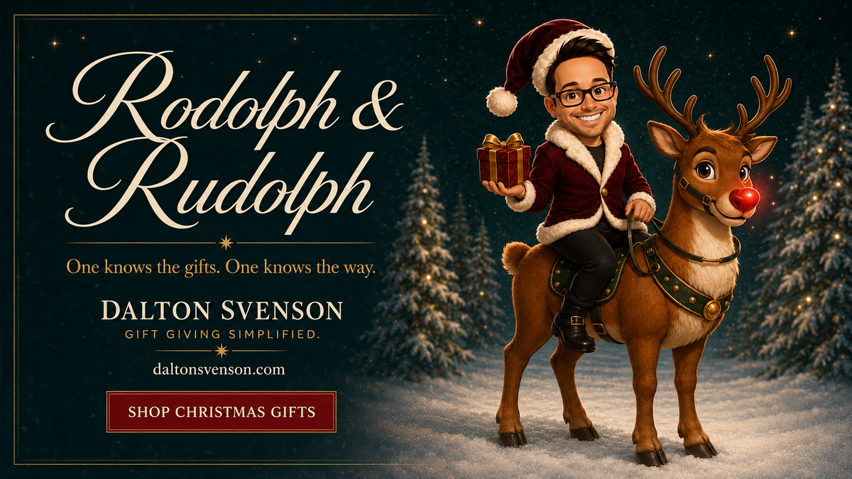 Rodolph and Rudolph in a snowy Christmas scene, Dalton Svenson holiday campaign
