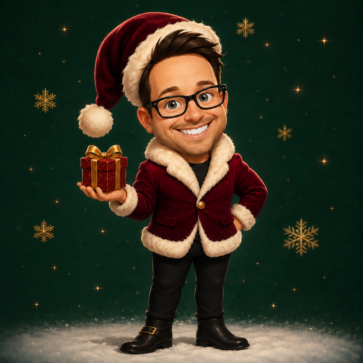 Rodolph holding a wrapped Christmas gift for Dalton Svenson